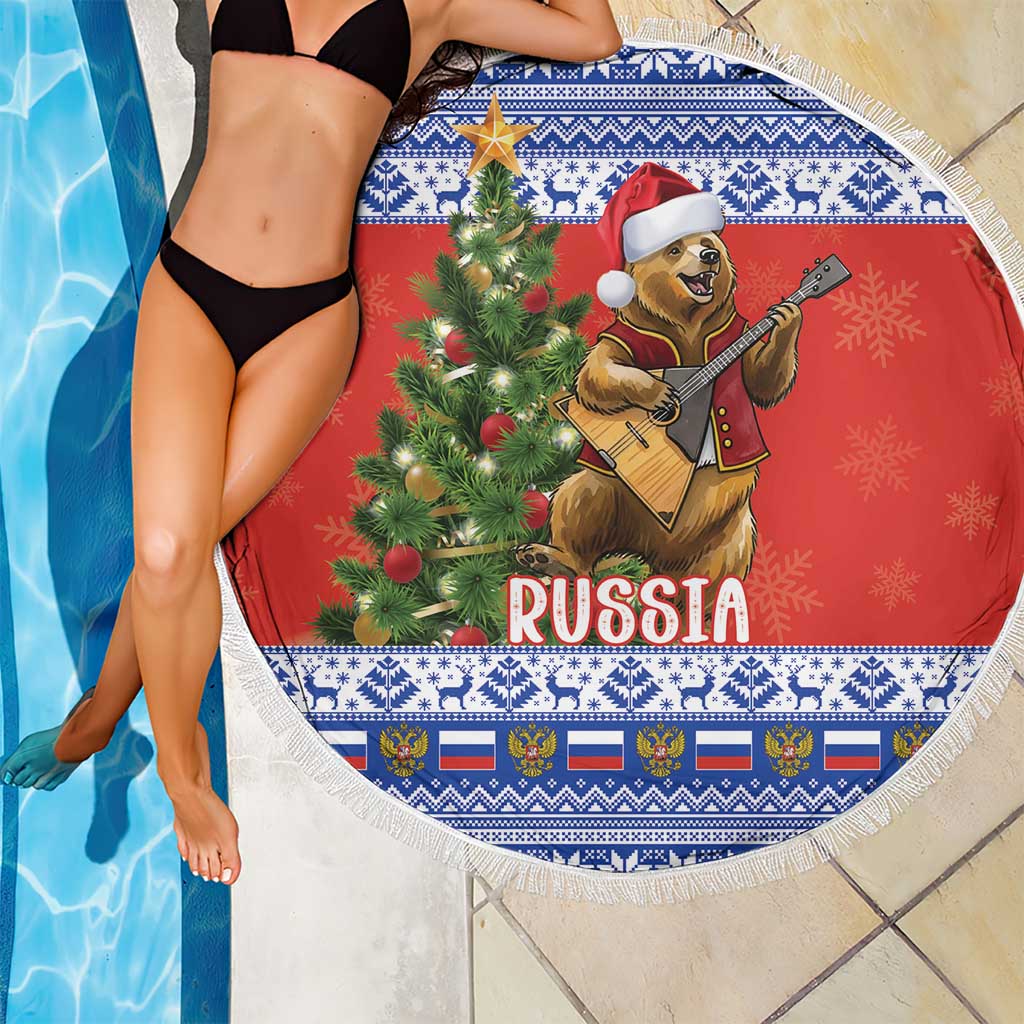Russia Christmas Beach Blanket Brown Bear Playing Balalaika - Wonder Print Shop