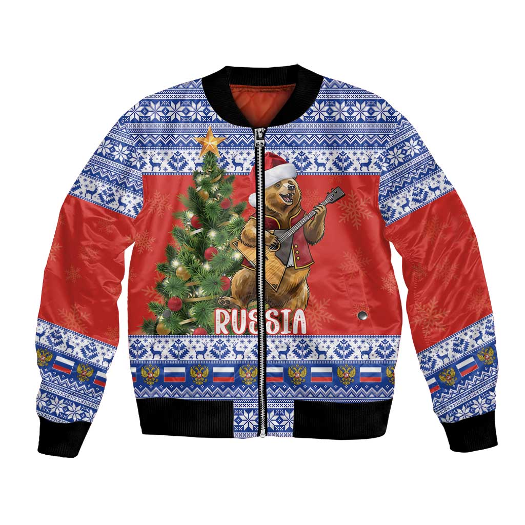 Russia Christmas Bomber Jacket Brown Bear Playing Balalaika - Wonder Print Shop