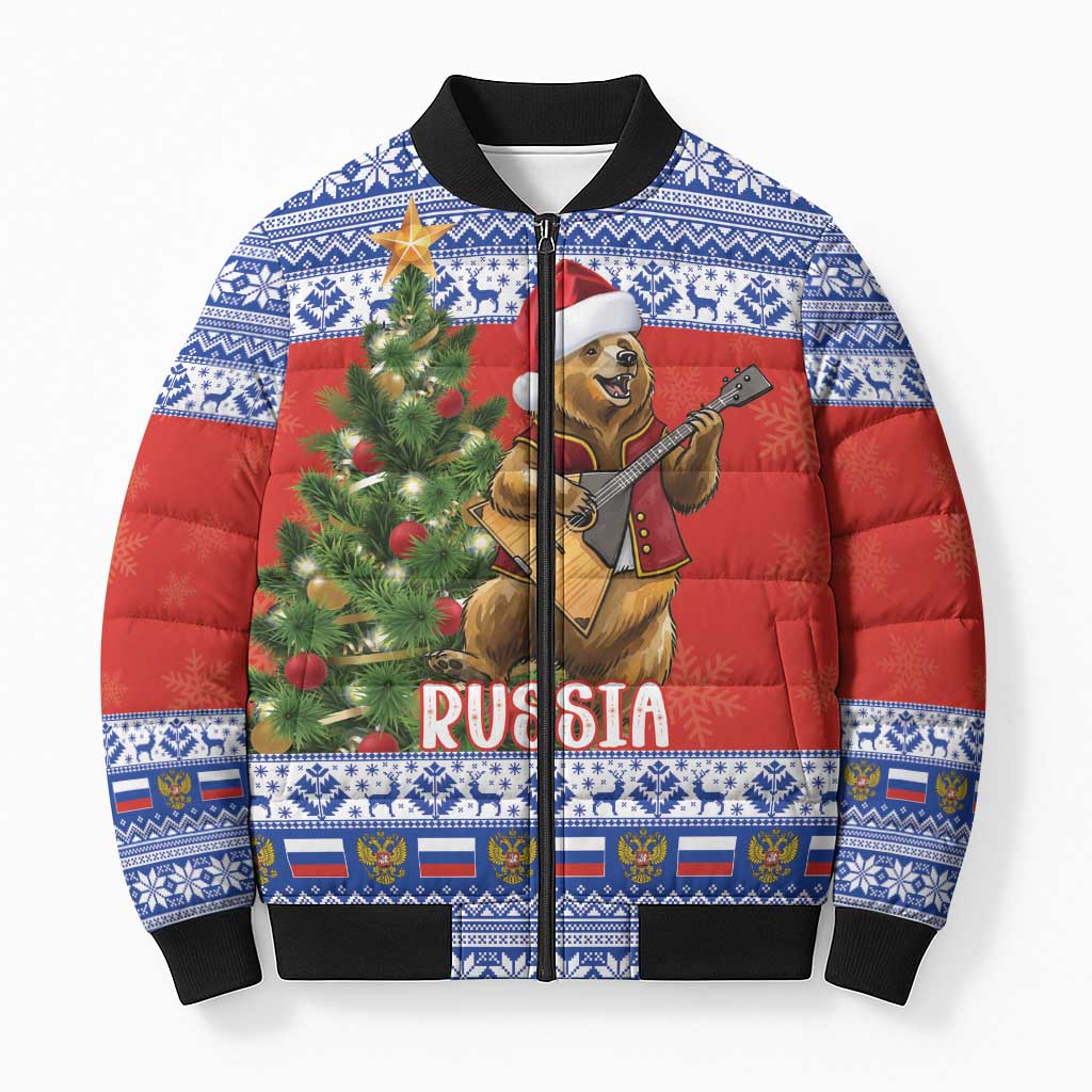 Russia Christmas Bomber Puffer Jacket Brown Bear Playing Balalaika - Wonder Print Shop