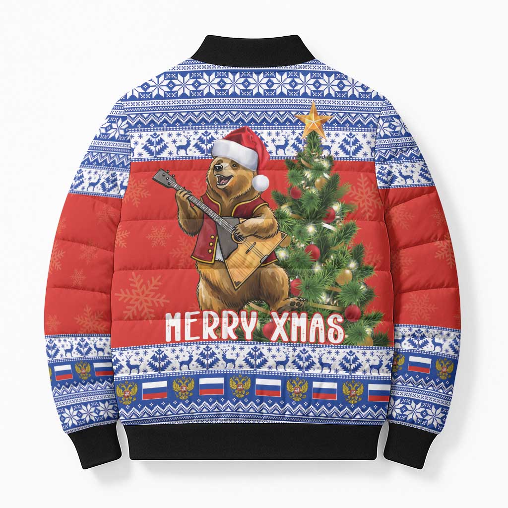 Russia Christmas Bomber Puffer Jacket Brown Bear Playing Balalaika - Wonder Print Shop