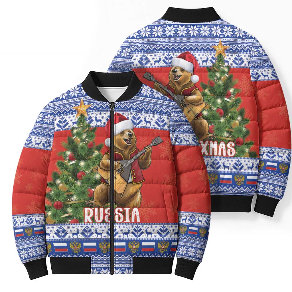 Russia Christmas Bomber Puffer Jacket Brown Bear Playing Balalaika - Wonder Print Shop
