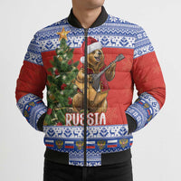 Russia Christmas Bomber Puffer Jacket Brown Bear Playing Balalaika - Wonder Print Shop