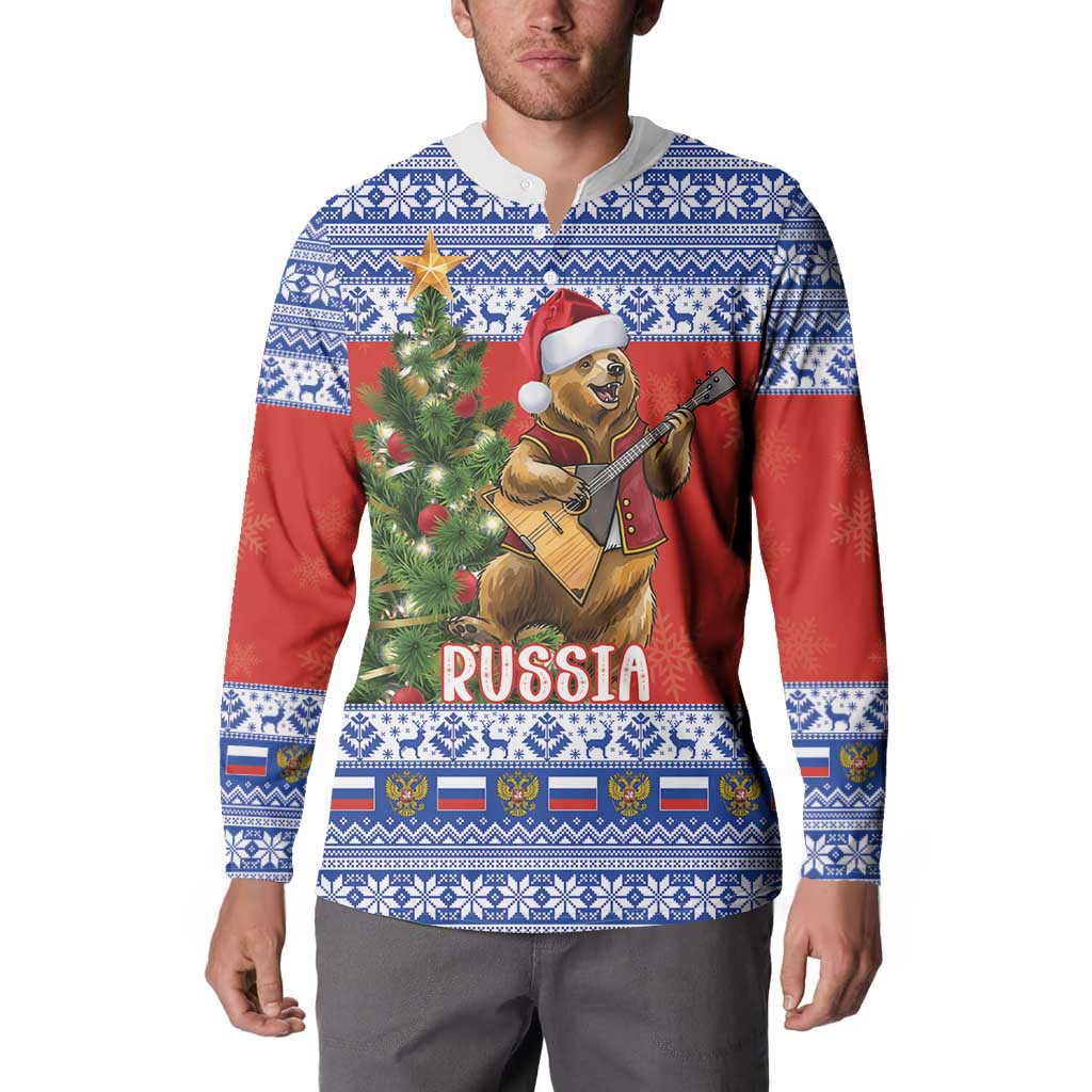 Russia Christmas Button Sweatshirt Brown Bear Playing Balalaika - Wonder Print Shop