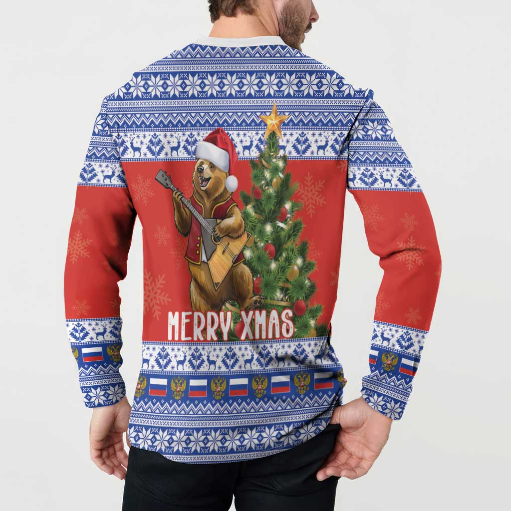 Russia Christmas Button Sweatshirt Brown Bear Playing Balalaika - Wonder Print Shop