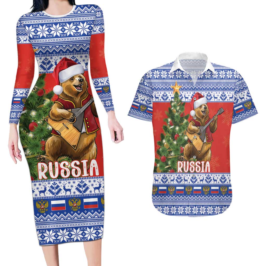 Russia Christmas Couples Matching Long Sleeve Bodycon Dress and Hawaiian Shirt Brown Bear Playing Balalaika - Wonder Print Shop
