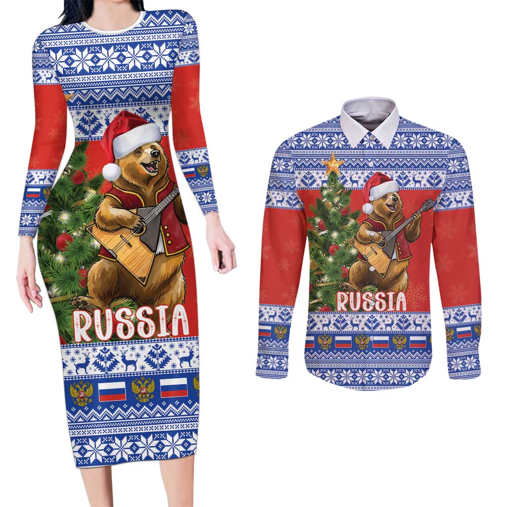 Russia Christmas Couples Matching Long Sleeve Bodycon Dress and Long Sleeve Button Shirt Brown Bear Playing Balalaika - Wonder Print Shop