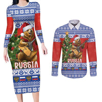 Russia Christmas Couples Matching Long Sleeve Bodycon Dress and Long Sleeve Button Shirt Brown Bear Playing Balalaika - Wonder Print Shop