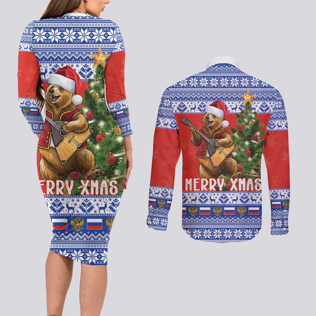 Russia Christmas Couples Matching Long Sleeve Bodycon Dress and Long Sleeve Button Shirt Brown Bear Playing Balalaika - Wonder Print Shop