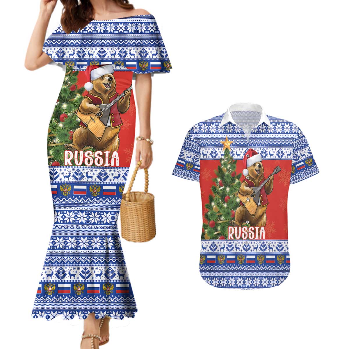 Russia Christmas Couples Matching Mermaid Dress and Hawaiian Shirt Brown Bear Playing Balalaika - Wonder Print Shop