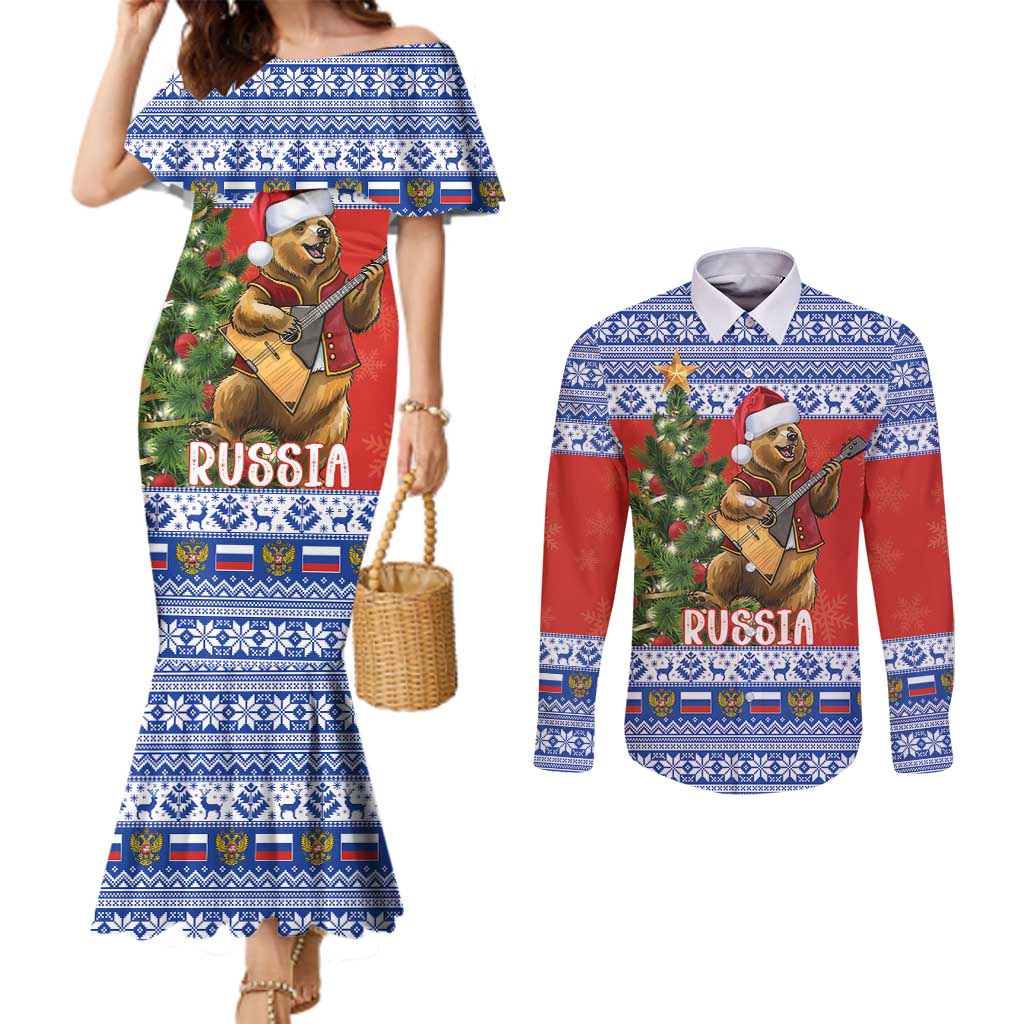 Russia Christmas Couples Matching Mermaid Dress and Long Sleeve Button Shirt Brown Bear Playing Balalaika - Wonder Print Shop