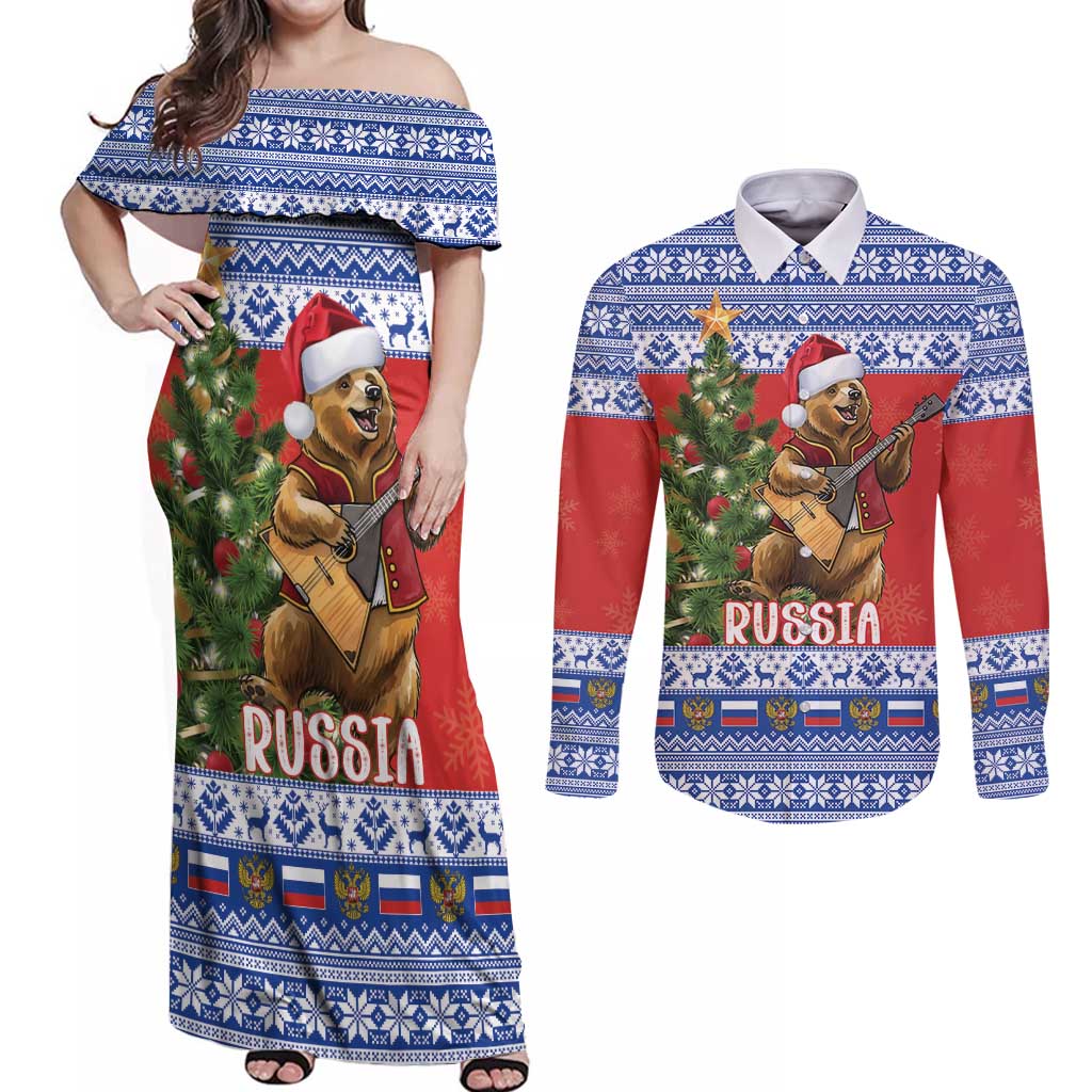 Russia Christmas Couples Matching Off Shoulder Maxi Dress and Long Sleeve Button Shirt Brown Bear Playing Balalaika - Wonder Print Shop