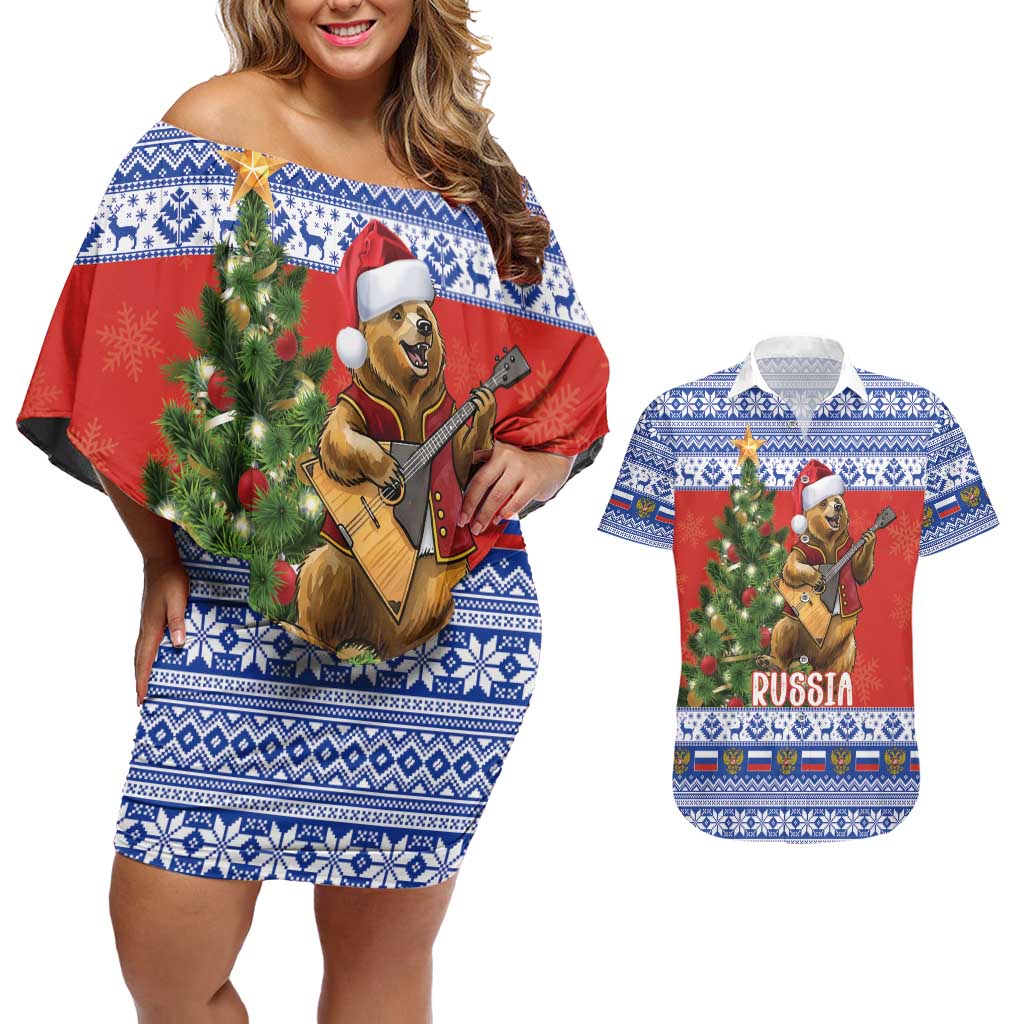 Russia Christmas Couples Matching Off Shoulder Short Dress and Hawaiian Shirt Brown Bear Playing Balalaika - Wonder Print Shop