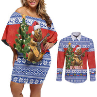 Russia Christmas Couples Matching Off Shoulder Short Dress and Long Sleeve Button Shirt Brown Bear Playing Balalaika - Wonder Print Shop