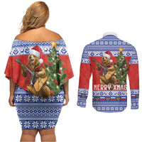 Russia Christmas Couples Matching Off Shoulder Short Dress and Long Sleeve Button Shirt Brown Bear Playing Balalaika - Wonder Print Shop