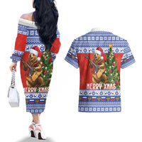 Russia Christmas Couples Matching Off The Shoulder Long Sleeve Dress and Hawaiian Shirt Brown Bear Playing Balalaika - Wonder Print Shop