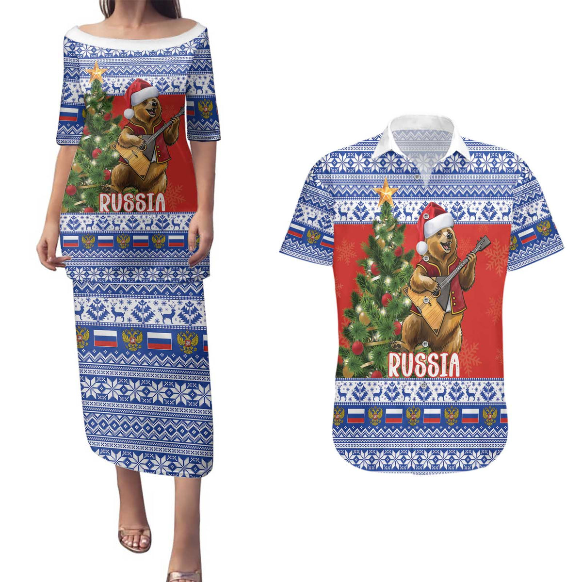 Russia Christmas Couples Matching Puletasi and Hawaiian Shirt Brown Bear Playing Balalaika - Wonder Print Shop