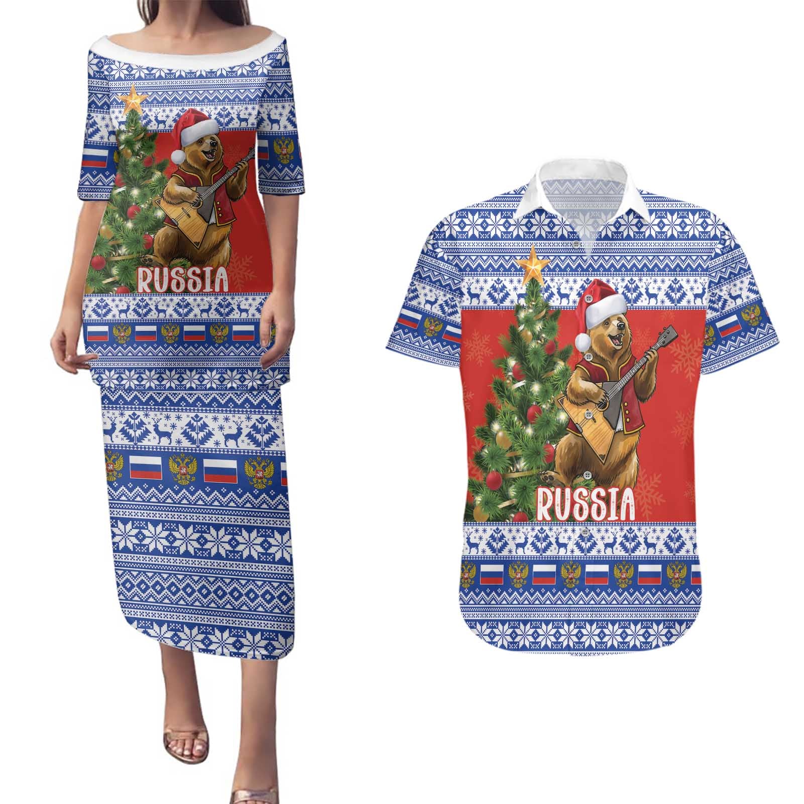 Russia Christmas Couples Matching Puletasi and Hawaiian Shirt Brown Bear Playing Balalaika - Wonder Print Shop