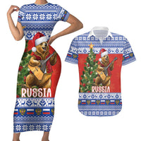 Russia Christmas Couples Matching Short Sleeve Bodycon Dress and Hawaiian Shirt Brown Bear Playing Balalaika - Wonder Print Shop