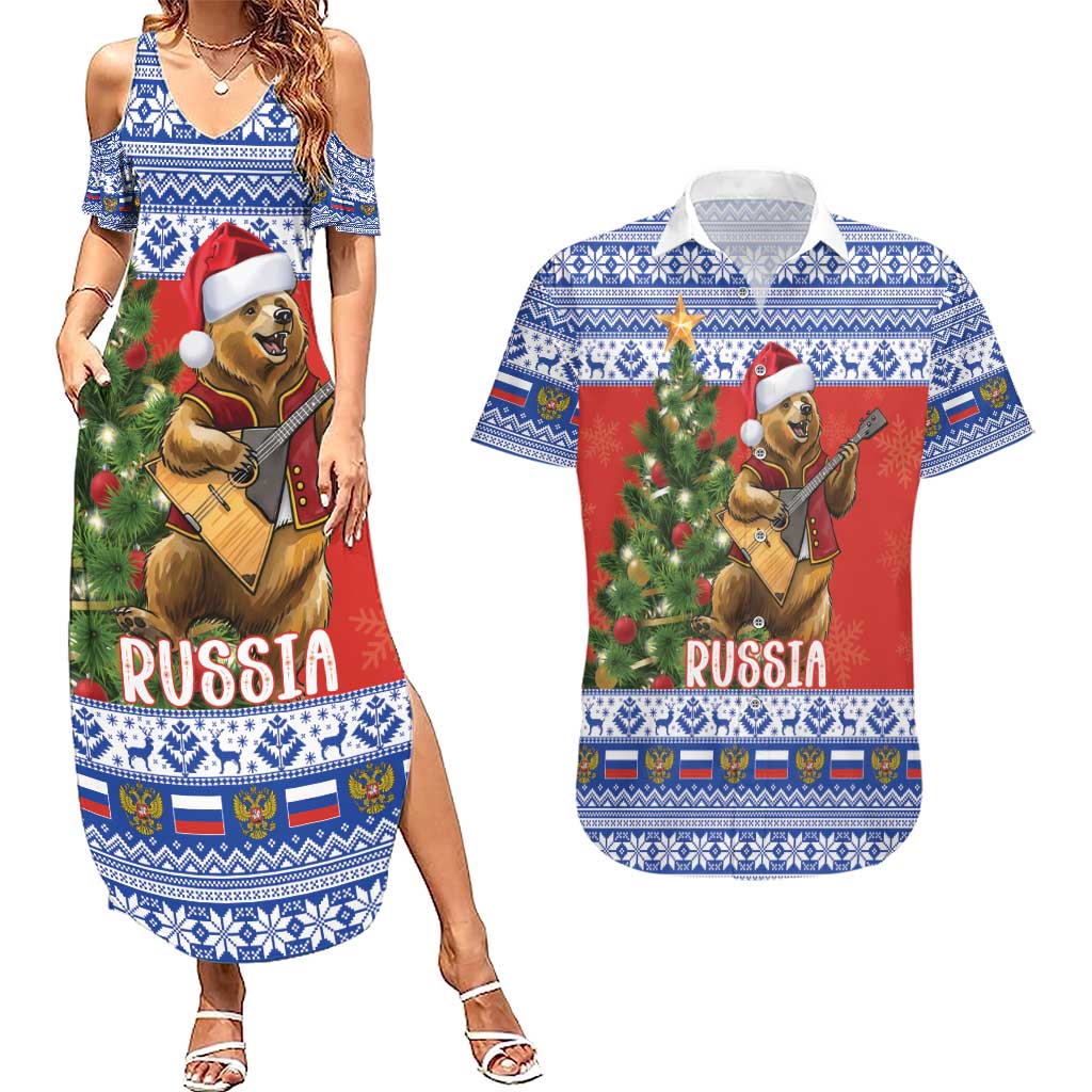 Russia Christmas Couples Matching Summer Maxi Dress and Hawaiian Shirt Brown Bear Playing Balalaika - Wonder Print Shop