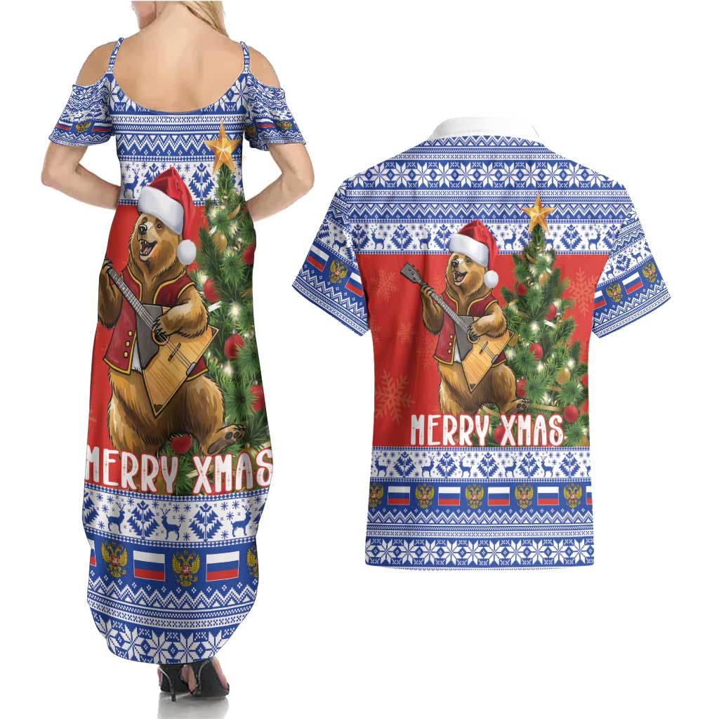 Russia Christmas Couples Matching Summer Maxi Dress and Hawaiian Shirt Brown Bear Playing Balalaika - Wonder Print Shop