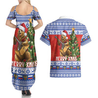 Russia Christmas Couples Matching Summer Maxi Dress and Hawaiian Shirt Brown Bear Playing Balalaika - Wonder Print Shop