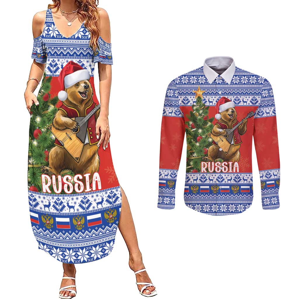 Russia Christmas Couples Matching Summer Maxi Dress and Long Sleeve Button Shirt Brown Bear Playing Balalaika - Wonder Print Shop