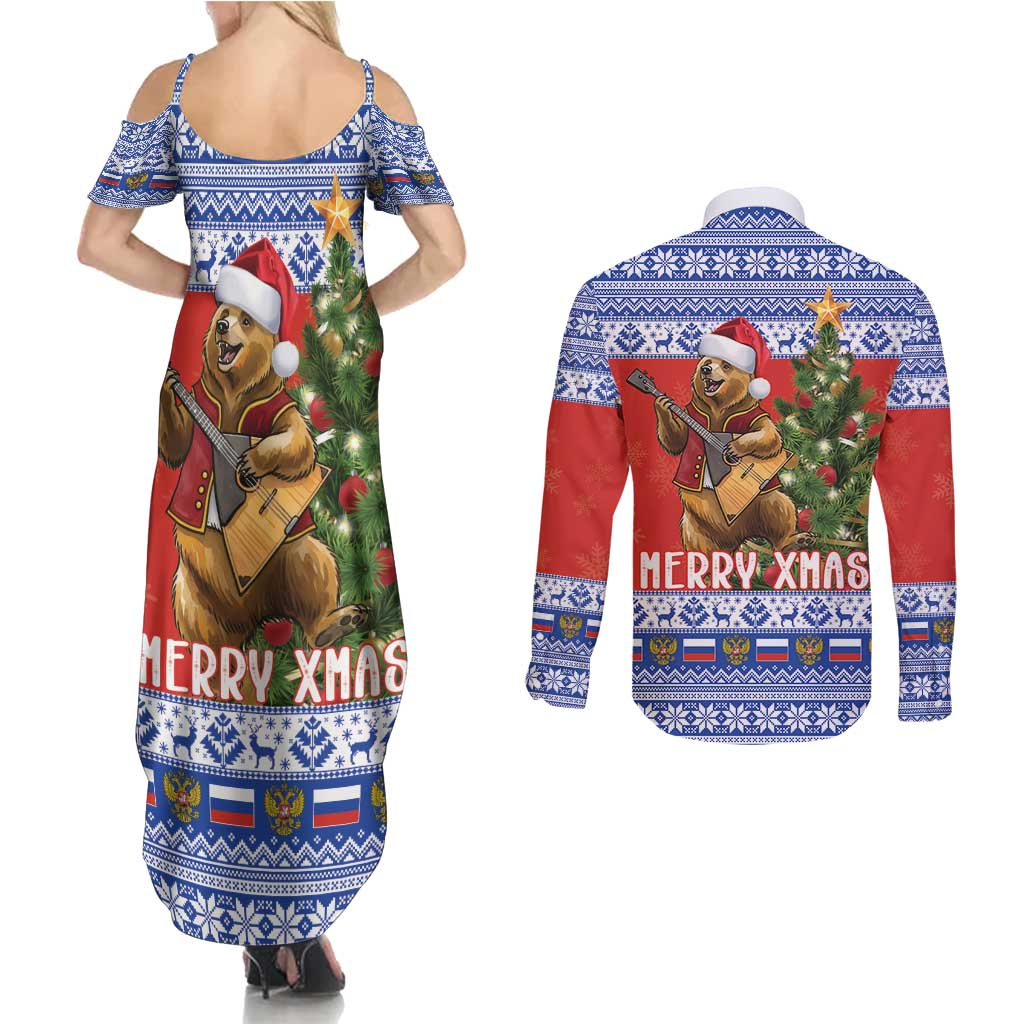 Russia Christmas Couples Matching Summer Maxi Dress and Long Sleeve Button Shirt Brown Bear Playing Balalaika - Wonder Print Shop