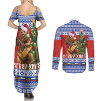 Russia Christmas Couples Matching Summer Maxi Dress and Long Sleeve Button Shirt Brown Bear Playing Balalaika - Wonder Print Shop