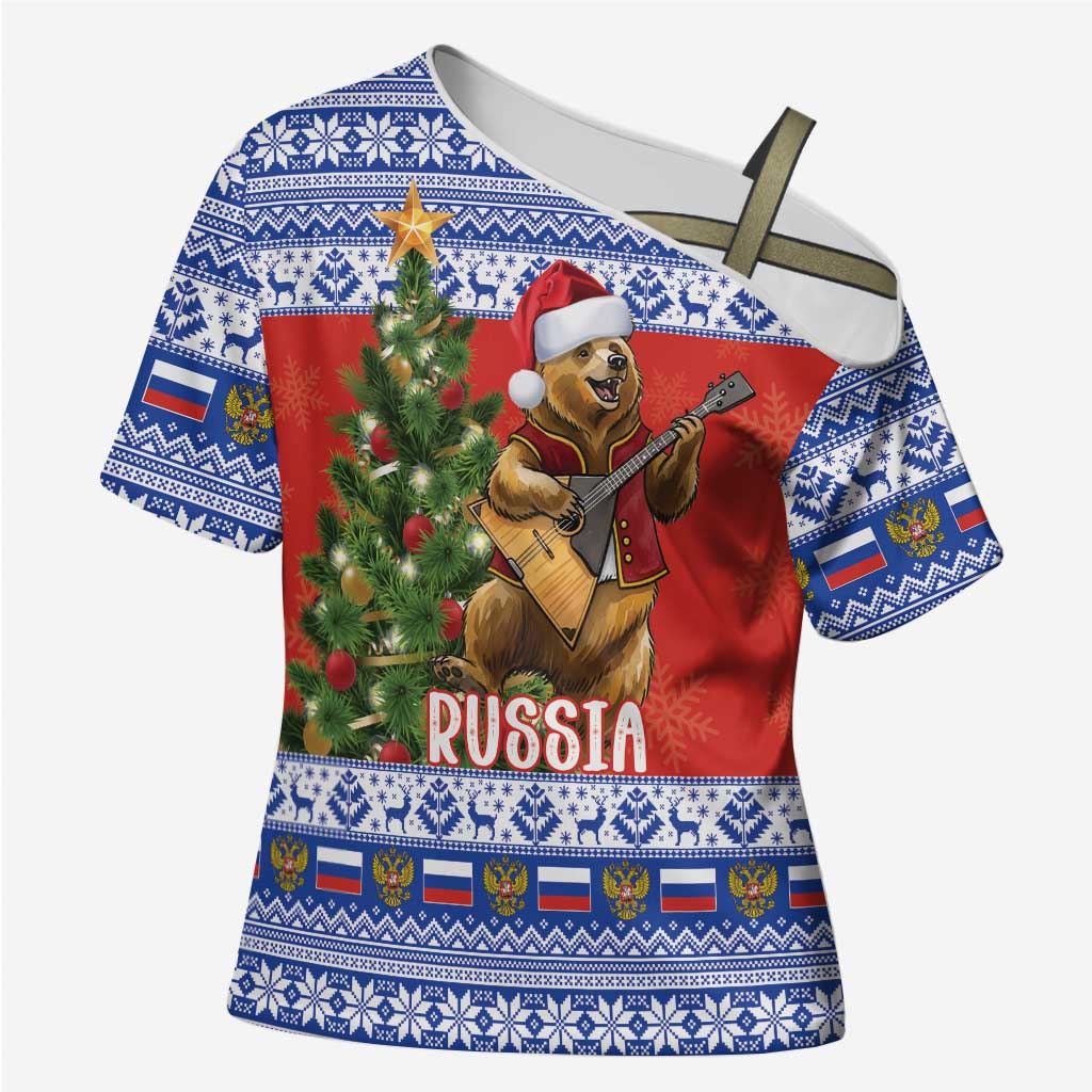 Russia Christmas Cross Shoulder Shirt Brown Bear Playing Balalaika - Wonder Print Shop