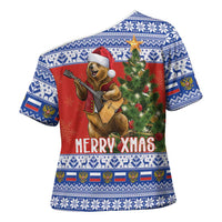 Russia Christmas Cross Shoulder Shirt Brown Bear Playing Balalaika - Wonder Print Shop