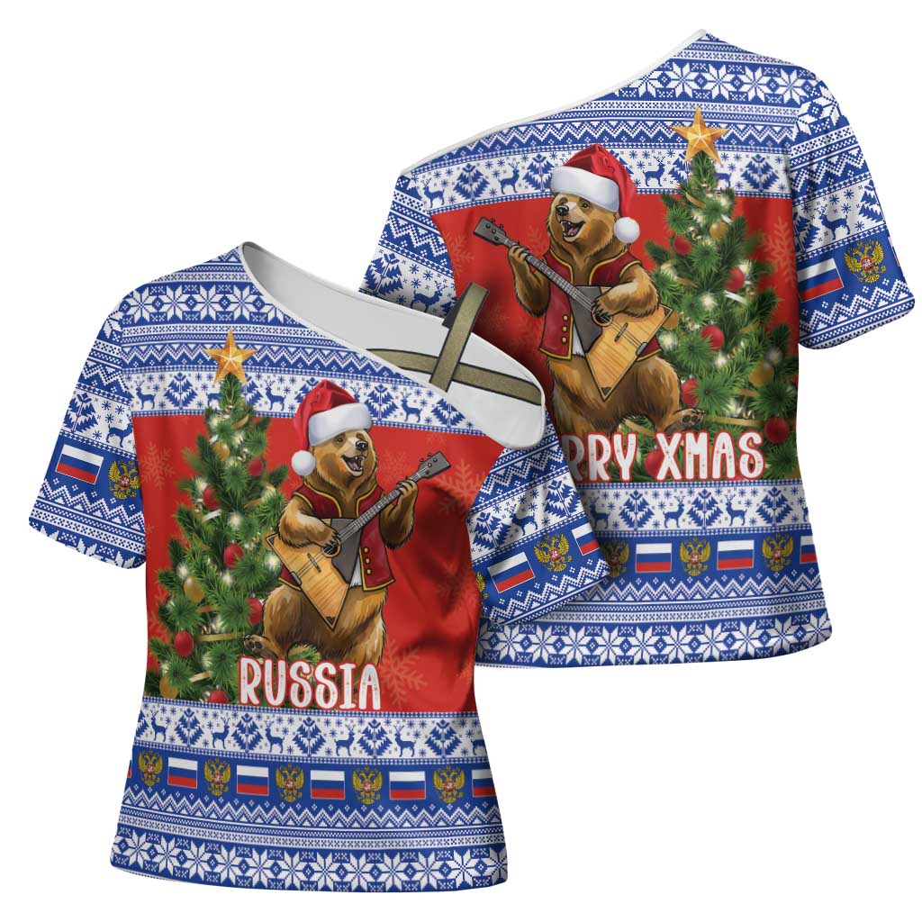 Russia Christmas Cross Shoulder Shirt Brown Bear Playing Balalaika - Wonder Print Shop