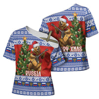 Russia Christmas Cross Shoulder Shirt Brown Bear Playing Balalaika - Wonder Print Shop