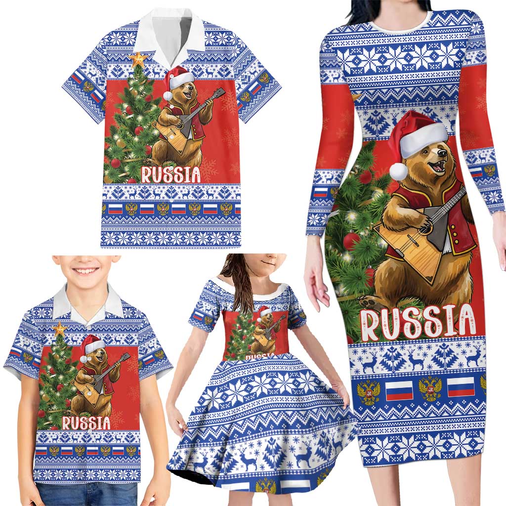 Russia Christmas Family Matching Long Sleeve Bodycon Dress and Hawaiian Shirt Brown Bear Playing Balalaika - Wonder Print Shop