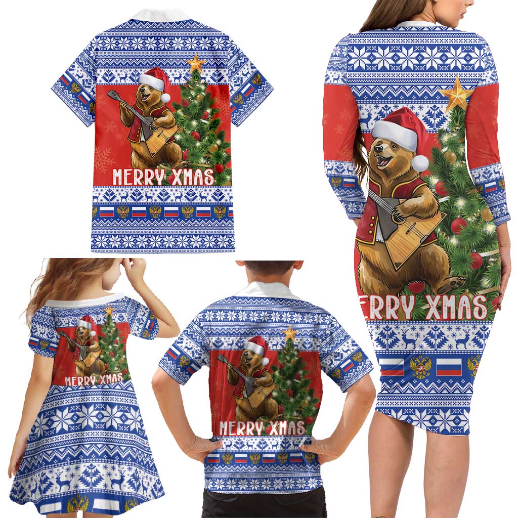 Russia Christmas Family Matching Long Sleeve Bodycon Dress and Hawaiian Shirt Brown Bear Playing Balalaika - Wonder Print Shop