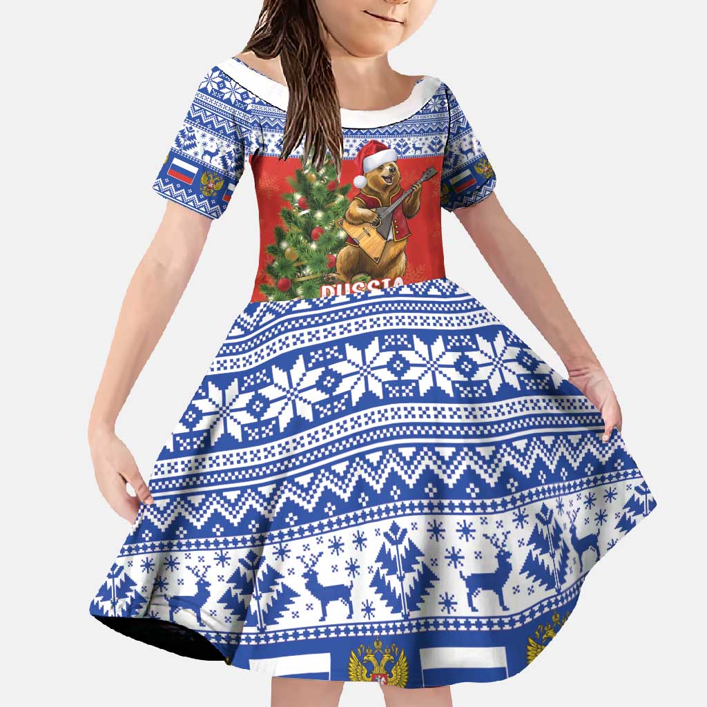 Russia Christmas Family Matching Mermaid Dress and Hawaiian Shirt Brown Bear Playing Balalaika - Wonder Print Shop