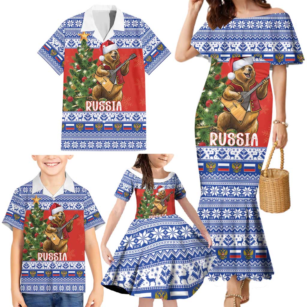 Russia Christmas Family Matching Mermaid Dress and Hawaiian Shirt Brown Bear Playing Balalaika - Wonder Print Shop