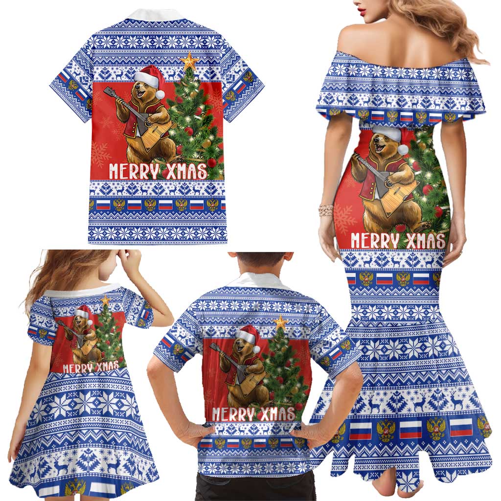 Russia Christmas Family Matching Mermaid Dress and Hawaiian Shirt Brown Bear Playing Balalaika - Wonder Print Shop