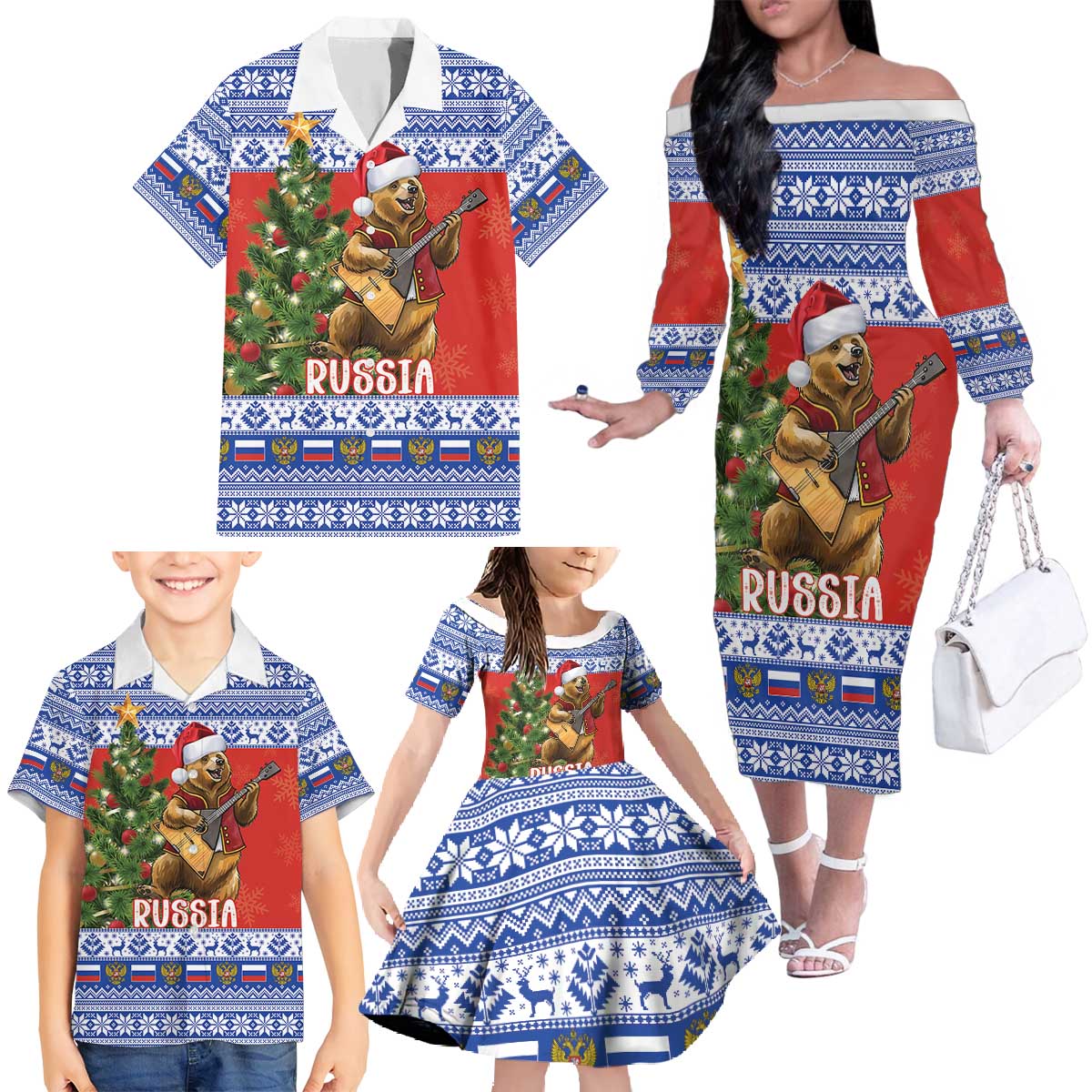 Russia Christmas Family Matching Off The Shoulder Long Sleeve Dress and Hawaiian Shirt Brown Bear Playing Balalaika - Wonder Print Shop
