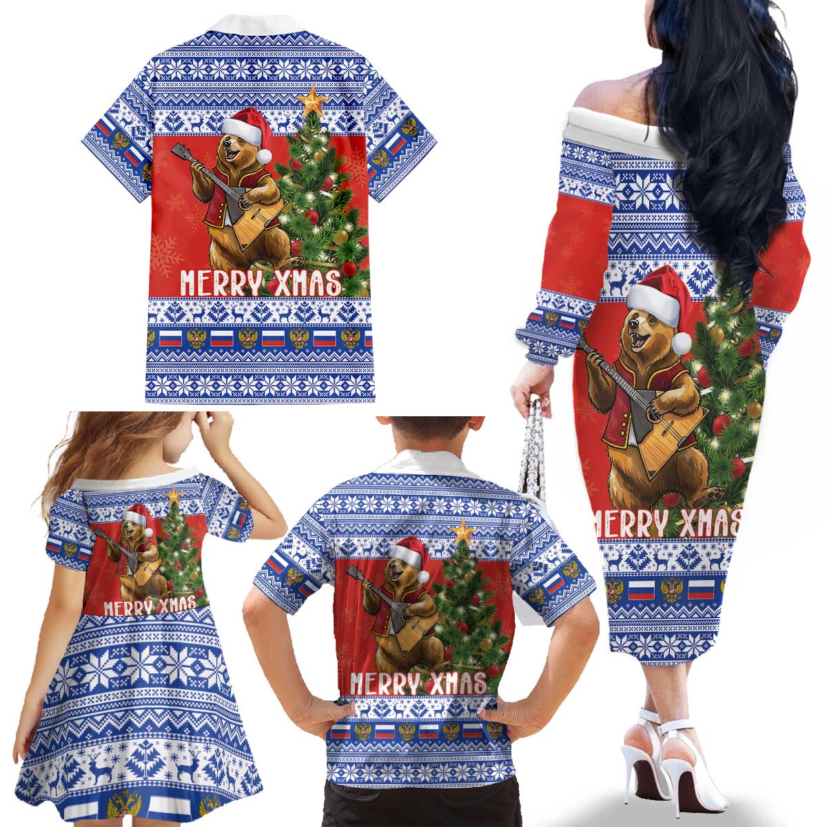 Russia Christmas Family Matching Off The Shoulder Long Sleeve Dress and Hawaiian Shirt Brown Bear Playing Balalaika - Wonder Print Shop