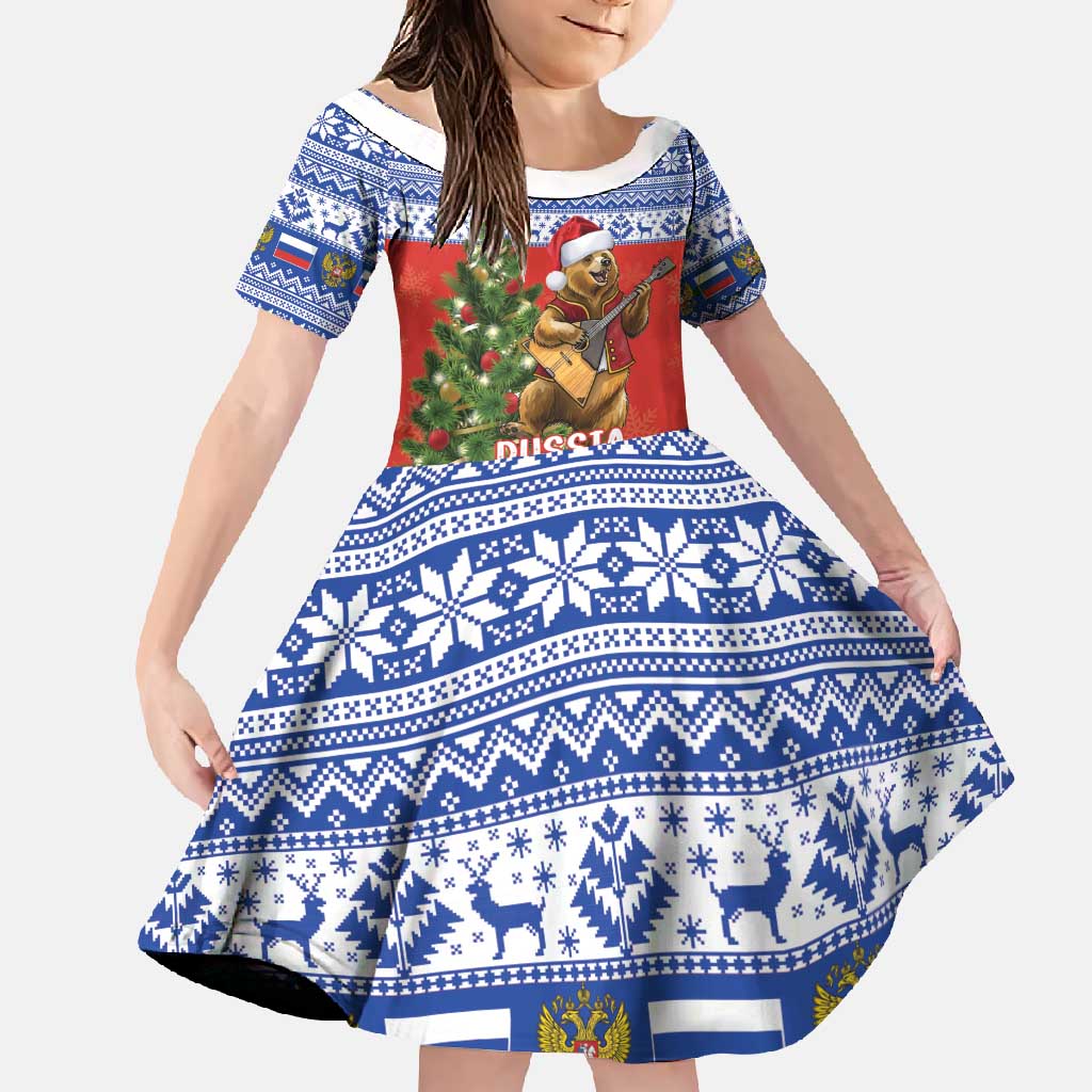 Russia Christmas Family Matching Off Shoulder Maxi Dress and Hawaiian Shirt Brown Bear Playing Balalaika - Wonder Print Shop
