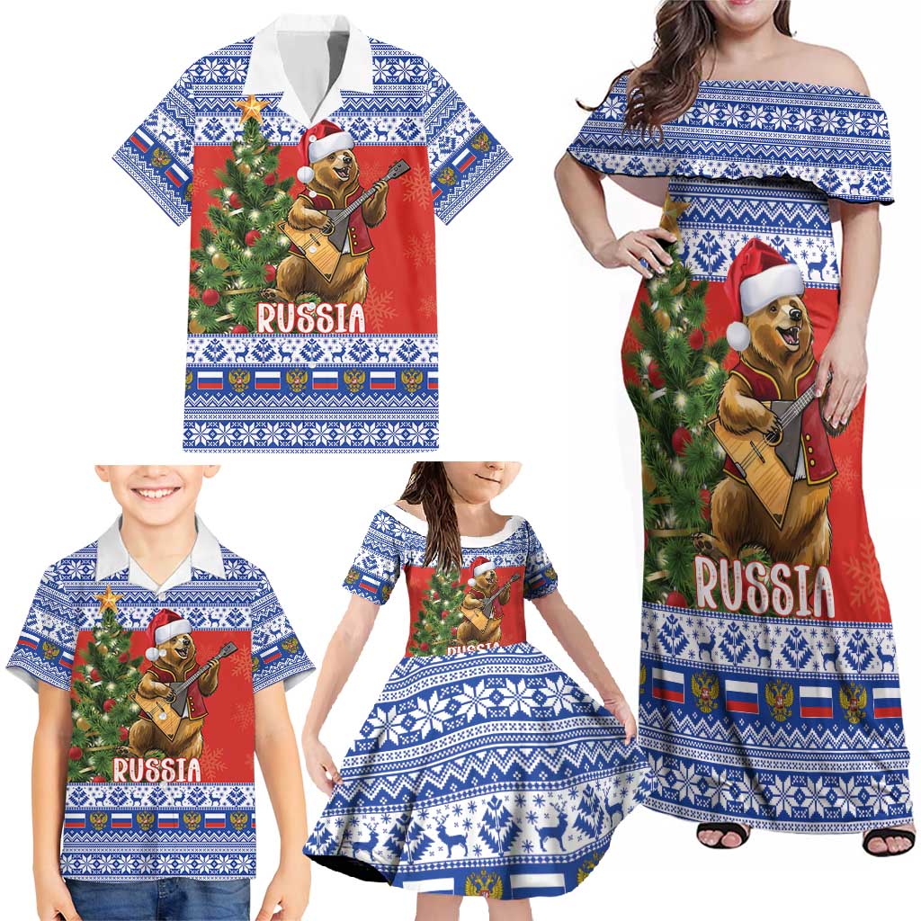 Russia Christmas Family Matching Off Shoulder Maxi Dress and Hawaiian Shirt Brown Bear Playing Balalaika - Wonder Print Shop