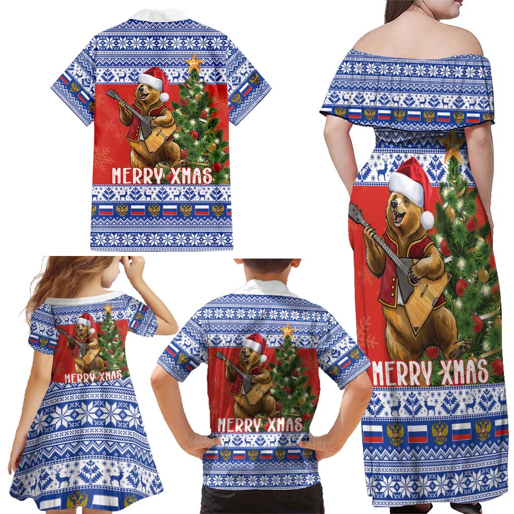 Russia Christmas Family Matching Off Shoulder Maxi Dress and Hawaiian Shirt Brown Bear Playing Balalaika - Wonder Print Shop