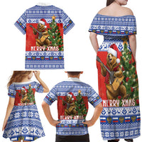Russia Christmas Family Matching Off Shoulder Maxi Dress and Hawaiian Shirt Brown Bear Playing Balalaika - Wonder Print Shop