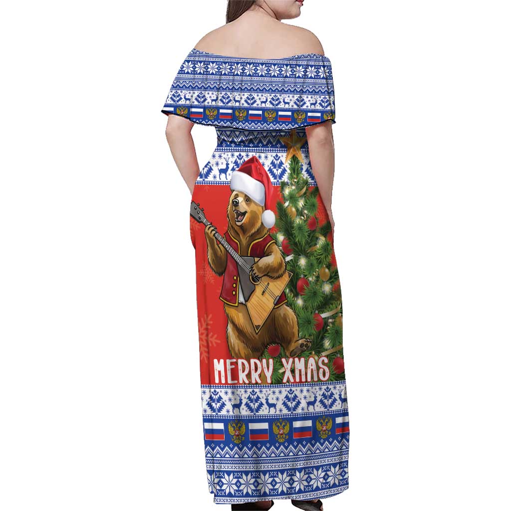 Russia Christmas Family Matching Off Shoulder Maxi Dress and Hawaiian Shirt Brown Bear Playing Balalaika - Wonder Print Shop