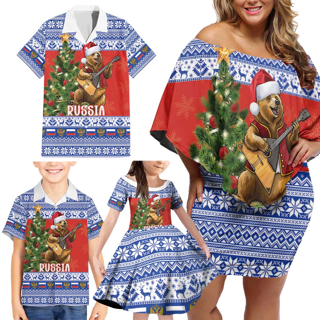 Russia Christmas Family Matching Off Shoulder Short Dress and Hawaiian Shirt Brown Bear Playing Balalaika - Wonder Print Shop