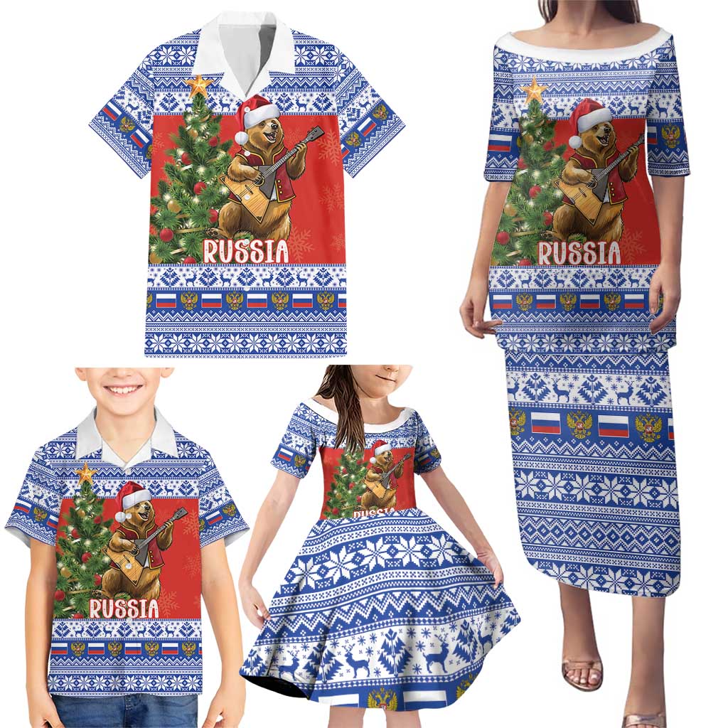 Russia Christmas Family Matching Puletasi and Hawaiian Shirt Brown Bear Playing Balalaika - Wonder Print Shop