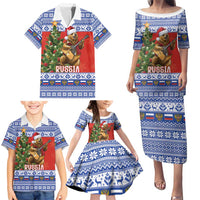 Russia Christmas Family Matching Puletasi and Hawaiian Shirt Brown Bear Playing Balalaika - Wonder Print Shop