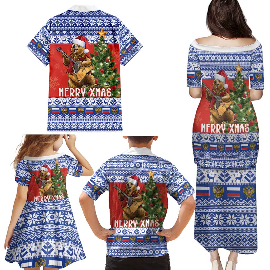 Russia Christmas Family Matching Puletasi and Hawaiian Shirt Brown Bear Playing Balalaika - Wonder Print Shop