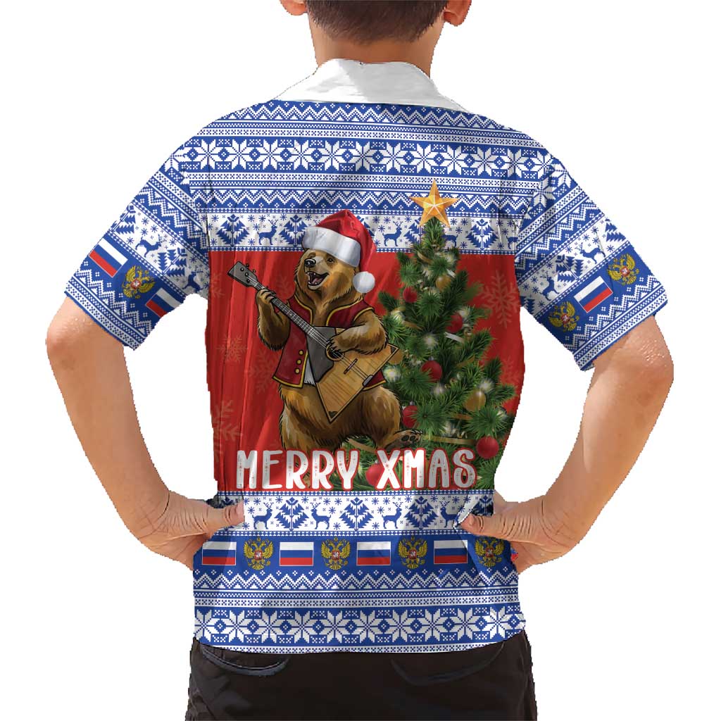 Russia Christmas Family Matching Short Sleeve Bodycon Dress and Hawaiian Shirt Brown Bear Playing Balalaika - Wonder Print Shop
