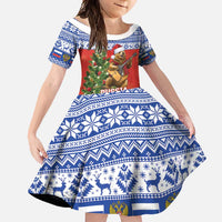 Russia Christmas Family Matching Short Sleeve Bodycon Dress and Hawaiian Shirt Brown Bear Playing Balalaika - Wonder Print Shop